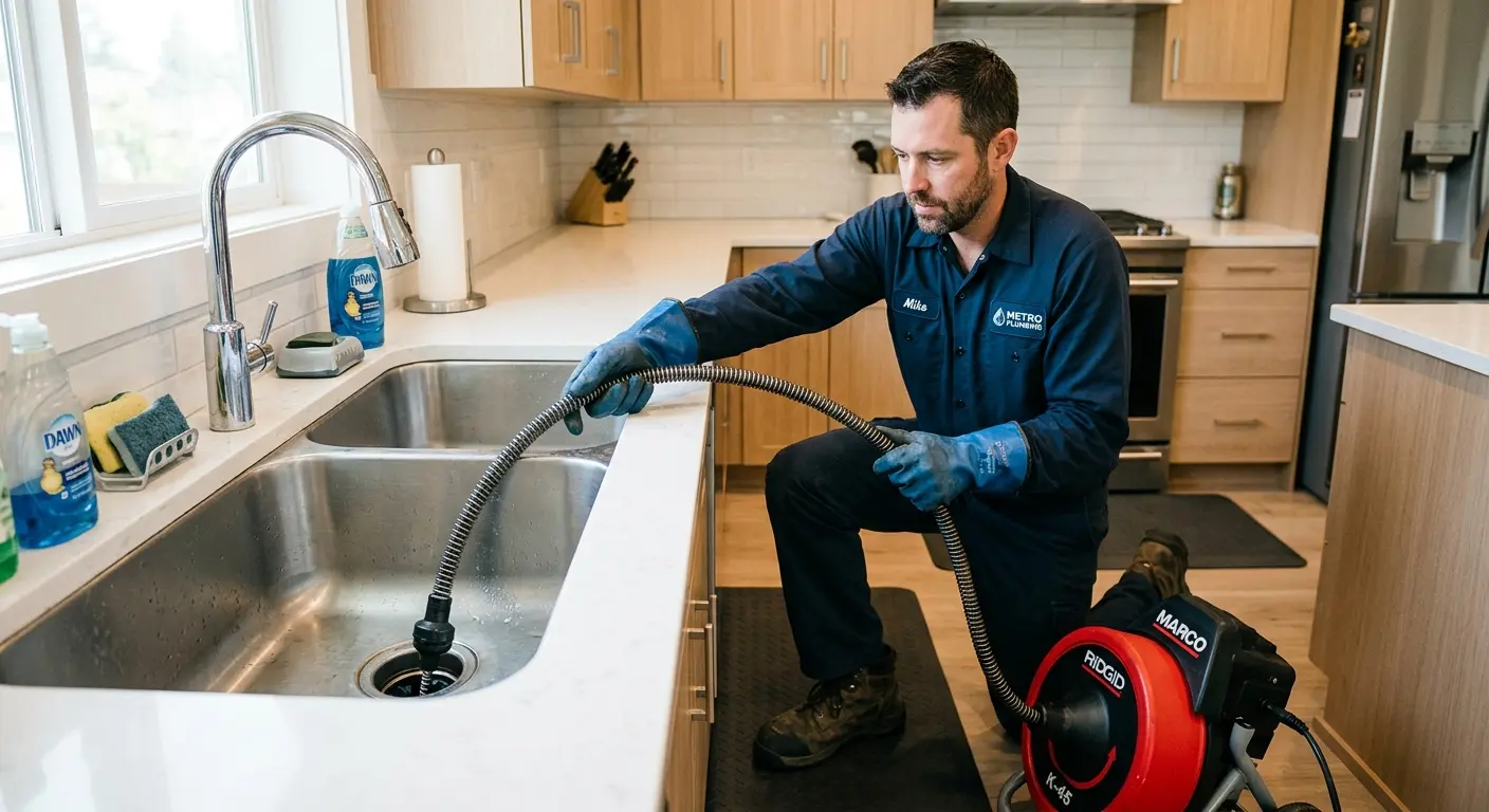 Drain cleaning technician using a motorized snake on a kitchen sink in Cherryland
