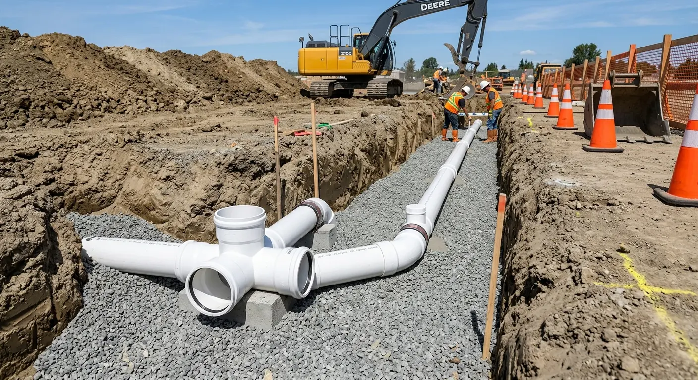 New PVC sewer pipe installation in open trench for Sewer Backup in Cherryland