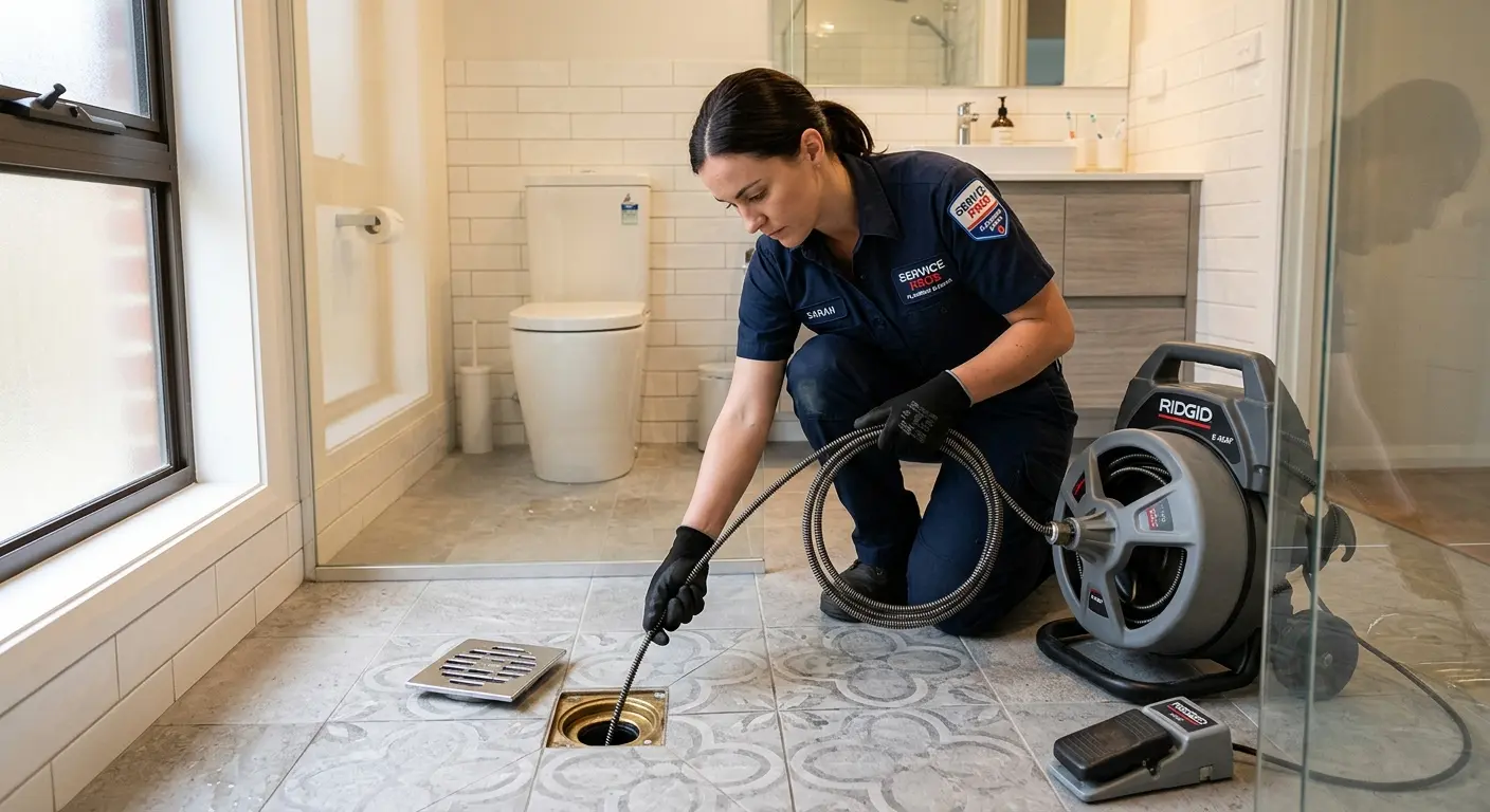 Technician clearing a bathroom floor drain for Sewer Line Replacement in Cherryland